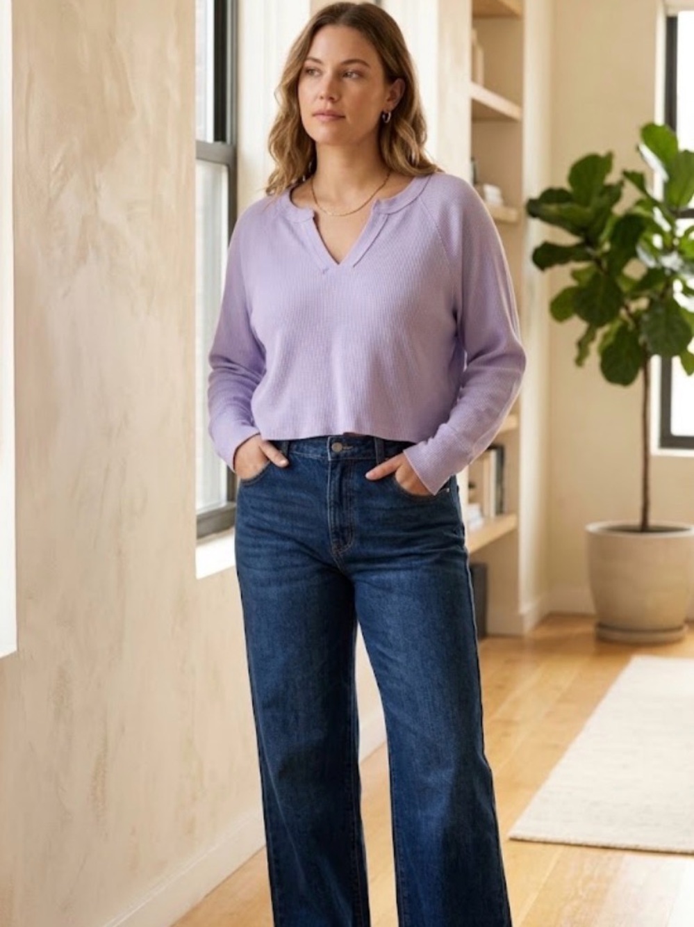 wild fable Lavender V-Neck Knit Top with Dark Blue Wide-Leg Jeans